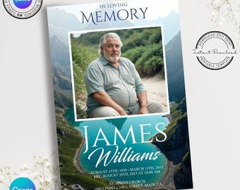 Op de afbeelding: Een blauwe en groene berglandschap rouwkaart met een foto van een man in een lichtgroen shirt. De tekst luidt "In liefdevolle herinnering James Williams 15 augustus 1930 - 13 maart 2013 Vr, 30 augustus 2013 om 10:00 uur St. John's Church, 1500 Lindell Hill Street, Main, CA".