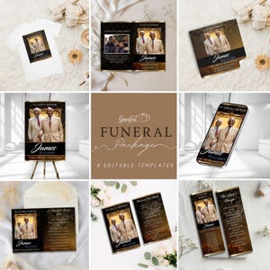 May include: A set of 8 editable funeral templates with a gold and black color scheme. The templates feature a photo of two people in a gold frame and the text "James Williams".