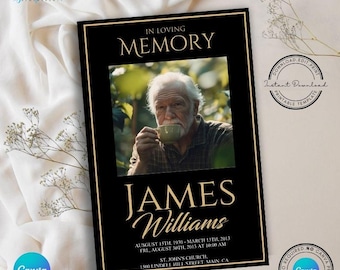 May include: Black and gold memorial card with a photo of a man in a green shirt holding a cup. The text reads "In Loving Memory James Williams August 15th, 1930 - March 13th, 2013 Fri, August 30th, 2013 at 10:00 AM St. John's Church, 1500 Lindell Hill Street Main CA"