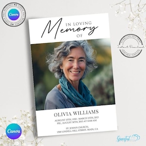 Może przedstawiać: Szablon drukowanej karty pamięci z czarno-białym wzorem. Karta zawiera zdjęcie kobiety w jasnoniebieskim szaliku, tekst "In Loving Memory Of" i imię "Olivia Williams". Karta zawiera również daty "August 15th, 1930 - March 13th, 2013", datę i godzinę pogrzebu oraz lokalizację kościoła.