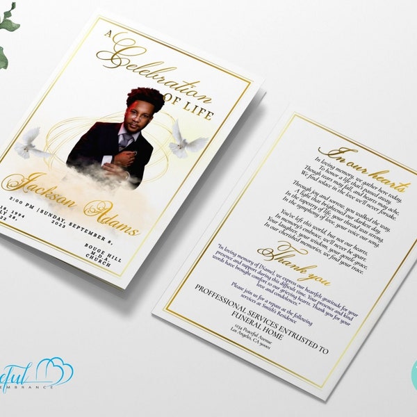 Serenity in Gold & White: 8.5x5.5in Bifold Funeral Brochure w/ Subtle Gold Accents on a Pure White Background | Editable w/ Corjl | GRV4H9