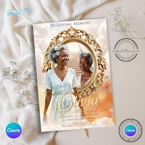 May include: A memorial card with a gold ornate frame featuring a portrait of a woman. The card includes the text "In Loving Memory" and the name "Olivia Williams" with dates and a church address. The background has a soft, blurred effect.