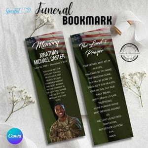 US Army-Themed Funeral Bookmark | Memorial Keepsake | Celebration of Life | Editable Canva Template | GR5M4N