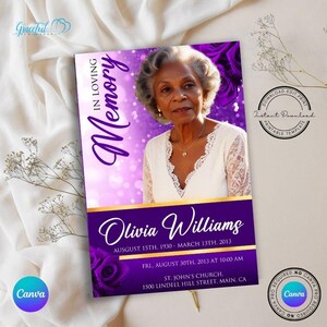 Puede incluir: Plantilla de anuncio de funeral morado y dorado con una foto de una mujer. El texto dice "In Loving Memory Olivia Williams August 15th, 1930 - March 13th, 2013 Fri. August 30th, 2013 at 10:00 AM St. John's Church 1500 Lindell Hill Street, Main, CA"