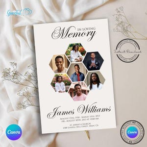 May include: A white memorial card with a black border and the text "In Loving Memory" at the top. The card features a collage of photos of a man in a hexagonal shape. The text "James Williams" is in a black cursive font. The dates "August 15th, 1930 - March 13th, 2013" and "Fri, August 30th, 2013 at 10:00 AM" are listed below the name. The text "St. John's Church" and "1500 Lindell Hill Street, Main, CA" are listed below the dates.