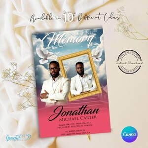 Könnte beinhalten: Eine druckbare Gedenkkartenvorlage mit einem Foto eines Mannes im weißen Anzug. Die Karte hat einen rosa Hintergrund mit dem Text "In Loving Memory" und "Jonathan Michael Carter" in goldener Schrift. Der Text enthält auch die Daten "August 15th, 1930 - March 13th, 2013" und "Fri, August 30th, 2013 at 10:00 AM". Die Karte enthält auch den Text "St. John's Church" und "1500 Lindell Hill Street, Main, CA".