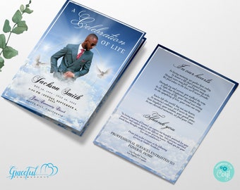 May include: A blue and white funeral program with a photo of a man in a suit against a cloudy sky background. The program includes the name "Jackson Smith" and the dates "Dec 14, 1994 - July 28, 2023". The text "A Celebration of Life" is at the top of the program.