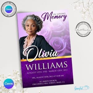 May include: A memorial card with a portrait of a woman, Olivia Williams, and the text "In Loving Memory." The design features purple roses and a purple and gold color scheme. The card includes dates and a church location.