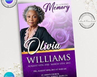 May include: A memorial card with a portrait of a woman, Olivia Williams, and the text "In Loving Memory." The design features purple roses and a purple and gold color scheme. The card includes dates and a church location.
