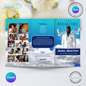 Sky-Themed Trifold Funeral Program Template, Celebration of Life Brochure, Obituary Template, Editable in Canva, 11 x 17 in - GR1F8N