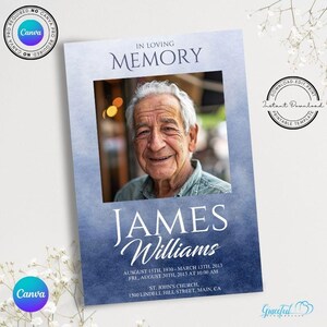 May include: A blue and white memorial card with a photo of a man. The text reads "In Loving Memory James Williams August 15th, 1930 - March 13th, 2013 Fri, August 30th, 2013 at 10:00 AM St. John's Church, 1500 Lindell Hill Street, Main, CA"