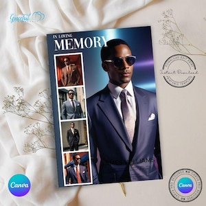 Könnte beinhalten: Eine schwarz-weiße Trauerkarte mit einer Fotocollage eines Mannes im Anzug. Der Text "In Loving Memory" befindet sich oben auf der Karte. Der Name des Mannes, "James Williams", befindet sich unten auf der Karte, zusammen mit dem Datum seines Todes.