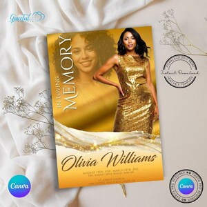 May include: A gold and white memorial card with a photo of a woman in a gold dress. The text on the card reads "In Loving Memory" and "Olivia Williams". The dates August 15th, 1930 - March 13th, 2013 and the text "Funeral August 30th, 2013 at 10:00 AM" are also included. The card also includes the name of the church, "St. John's Church", and the address, "1510 Lindell Hill Street, Main CA".