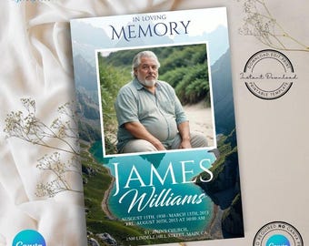 Op de afbeelding: Een blauwe en witte herinneringskaart met een berglandschap en een foto van een man in een lichtblauw overhemd. De tekst luidt "In liefdevolle herinnering James Williams 15 augustus 1930 - 13 maart 2013 Vr. 30 augustus 2013 om 10:00 uur St. John's Church, 1500 Lindell Hill Street, Main, CA"