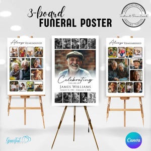 May include: Three black and white photo collage posters with white frames and black text. The centre poster says "Celebrating the life of James Williams August 10, 1985 - February 3, 2020". The left and right posters say "Always Remembered".