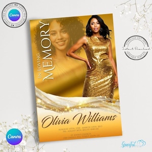 May include: A gold and white memorial card with a photo of a woman in a gold dress. The text reads "In Loving Memory Olivia Williams August 15th, 1930 - March 13th, 2013 Fri. August 30th, 2013 at 10:00 AM St. John's Church 1300 Lindell Hill Street Main CA"