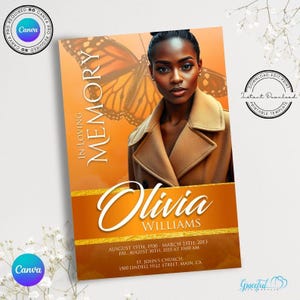Op de afbeelding: Een herdenkingskaart met een foto van een vrouw in een bruine jas. De achtergrond is een verloop van oranje en geel met een vlinderbeeld. De tekst luidt "In Loving Memory Olivia Williams August 15th, 1930 - March 13th, 2013  Fri. August 30th, 2013 at 10:00 AM St. John's Church, 1500 Lindell Hill Street, Main, CA"