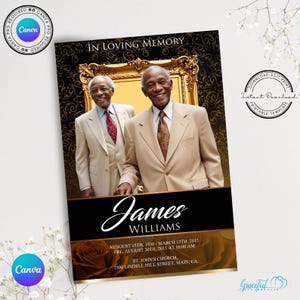 Pode incluir: Um modelo de anúncio fúnebre preto e dourado com uma foto de dois homens de terno. O texto diz "Em memória carinhosa James Williams 15 de agosto de 1930 - 13 de março de 2013 Sex, 30 de agosto de 2013 às 10:00 AM Igreja de São João, 1500 Lindell Hill Street, Main, CA".