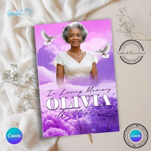 May include: Purple and white memorial card with a photo of a woman in a white dress. The card has the text "In Loving Memory Olivia Williams" and dates of birth and death. The background is a purple watercolor design with white doves.
