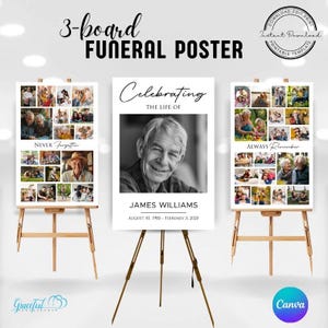 Könnte beinhalten: Drei weiße Plakatwände auf Staffeleien mit einem Schwarzweißfoto eines Mannes auf der mittleren Wand. Die mittlere Wand trägt den Text "Celebrating the life of James Williams August 10, 1985 - February 3, 2020". Die linke Wand trägt den Text "Never Forgotten" und die rechte Wand trägt den Text "Always Remember".