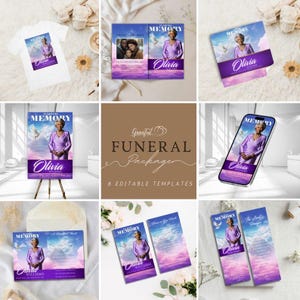 Könnte beinhalten: Ein Trauerpaket-Vorlagenset mit 8 editierbaren Vorlagen. Die Vorlagen haben ein lila-weißes Farbschema mit einer Taube und Wolken. Der Text "In Loving Memory" und "Olivia Williams" ist auf den Vorlagen enthalten.