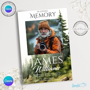May include: A memorial card with a watercolor background of green trees and a photo of a man in a red jacket. The card reads "In Loving Memory James Williams" and includes the dates August 15th, 1930 - March 13th, 2013 and the location of the funeral service.