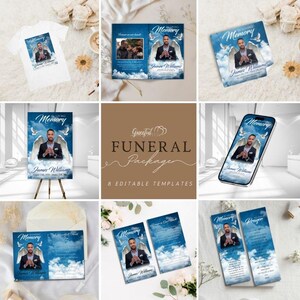Peut inclure: Un ensemble de 8 modèles d'affiches funéraires imprimables dans un schéma de couleurs bleu et blanc. Les modèles présentent une photo d'une personne avec des ailes d'ange et le texte "Memory Loving".