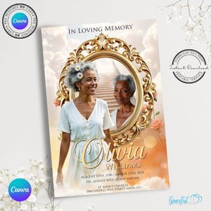 May include: A printable memorial card with a gold ornate frame and a photo of a woman. The text reads "In Loving Memory Olivia Williams August 15th, 1930 - March 13th, 2013  Fri. August 30th, 2013 at 10:00 AM St. John's Church 1500 Lindell Hill Street, Main, CA".