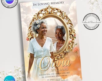 Könnte beinhalten: Eine druckbare Gedenkkarte mit einem verzierten goldenen Rahmen und einem Foto einer Frau. Der Text lautet "In liebevoller Erinnerung Olivia Williams 15. August 1930 - 13. März 2013  Fr. 30. August 2013 um 10:00 Uhr St. John's Church 1500 Lindell Hill Street, Main, CA".