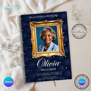 Könnte beinhalten: Eine blaue und goldene Trauerprogrammvorlage mit einem Foto einer Frau in einem blauen Hemd. Der Text lautet "In liebevoller Erinnerung, Olivia Williams, 15. August 1930 - 13. März 2013, Fr. 30. August 2013 um 10:00 Uhr, St. John's Church, 1500 Lindell Hill Street, Main, CA."