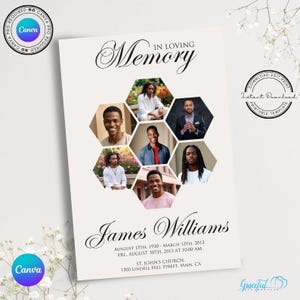 Könnte beinhalten: Eine weiße, druckbare Gedenkkarte mit schwarzem Rand und dem Text "In Loving Memory" oben. Die Karte zeigt eine Collage von Fotos einer Person in einem sechseckigen Raster. Der Text "James Williams" befindet sich unten auf der Karte, zusammen mit den Daten "August 15th, 1930 - March 13th, 2013", "Fri. August 30th, 2013 at 10:00 AM", "St. John's Church" und "1500 Lindell Hill Street, Main, CA".