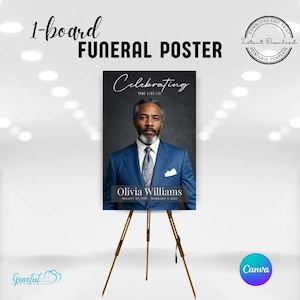 May include: A black and white funeral poster with a photo of a man in a blue suit and a patterned tie. The poster says "Celebrating the Life of Olivia Williams August 12, 1983 - February 3, 2020".