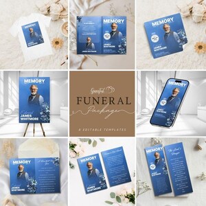 May include: A collection of funeral service templates with a blue and white color scheme. The templates include a t-shirt, brochures, a poster, a phone screen, and cards. The text includes "MEMORY" and "JAMES WHITMORE". The overall theme is a memorial service.