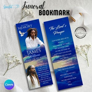 May include: A blue and white funeral bookmark with a photo of a man and the text "In Loving Memory James Williams August 15th, 1930 - March 18th, 2013" and "The Lord's Prayer" with the prayer text.