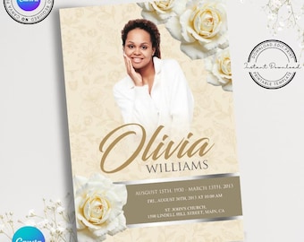May include: A printable memorial card template with a photo of a woman and white roses. The text on the card reads "Olivia Williams, August 15th, 1930 - March 13th, 2013, Fri. August 30th, 2013 at 10:00 AM, St. John's Church, 1500 Lindell Hill Street, Main, CA".