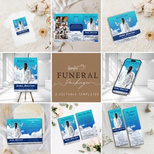 Peut inclure: Un ensemble de 8 modèles de funérailles modifiables dans un schéma de couleurs bleu et blanc. Les modèles présentent un homme en costume blanc avec des colombes qui volent autour de lui. Le texte "MEMORY" est présenté sur chaque modèle. Les modèles sont conçus pour un service funéraire.