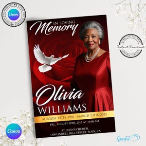 Red Floral 4-Page Funeral Program Template | Bifold Memorial Brochure | GR1A6M