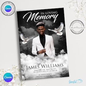 Könnte beinhalten: Schwarze und weiße Trauerkarte mit einem Foto eines Mannes im weißen Anzug. Die Karte hat einen schwarzen Hintergrund mit weißen Wolken und Tauben. Der Text "In Loving Memory" steht oben auf der Karte. Der Text "James Williams" steht unten auf der Karte, zusammen mit den Daten "August 15th, 1930 - March 13th, 2013" und "FRI, AUGUST 30TH, 2013 AT 10:00 AM". Der Text "St. John's Church, 1500 Lindell Hill Street, Main, CA" steht ebenfalls unten auf der Karte.