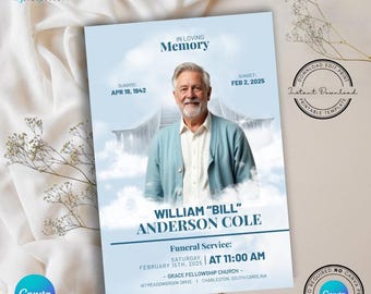 Op de afbeelding: Herdenkingskaart met een foto van een oudere man in een lichtblauw vest. De kaart bevat de tekst "In Loving Memory" en details voor een begrafenisdienst, inclusief de naam William "Bill" Anderson Cole, en de datum, tijd en locatie van de dienst.