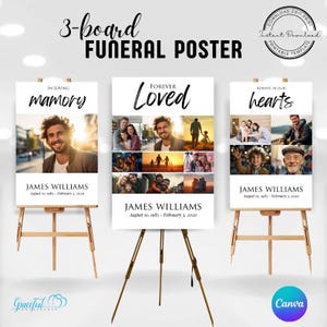 May include: Three printable funeral poster boards with a collage of photos and the text "In loving memory", "Forever Loved", and "Always in our hearts". The posters also include the name "James Williams" and the dates "August 10, 1985 - February 3, 2020".