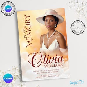 May include: A printable memorial card featuring a photograph of a woman in a white dress and hat. The card has a gold and white background with clouds and the text "In Loving Memory Olivia Williams" in red. The text also includes the dates August 15th, 1930 - March 13th, 2013, and the location of the memorial service.