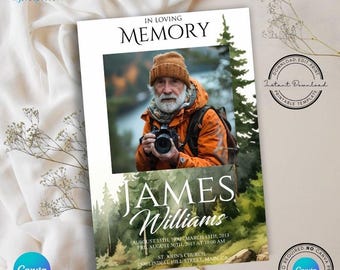 May include: A printable memorial card with a watercolor background of green trees. The card features a photo of a man with a beard and a camera. The text "In Loving Memory" is at the top of the card, followed by the name "James Williams". The card also includes the dates of birth and death, the name of the church, and the address.