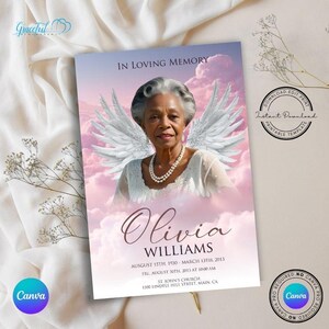 Sky Angel Wings 8 Page Funeral Program Template | Memorial Booklet | Editable Canva Obituary