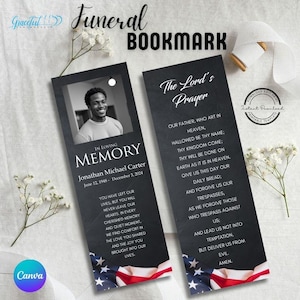 US Flag-Themed Funeral Bookmark | Memorial Keepsake | Celebration of Life | Editable Canva Template | GR9K7A