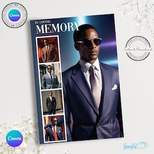 Dark Blue Multi-Photo 4-Page Funeral Brochure Template | Bifold Memorial Program | GR0V7B