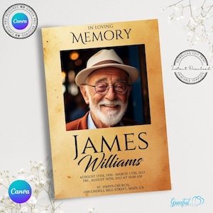 May include: A vintage-style memorial card with a photo of a man in a hat and a brown background. The text reads "In Loving Memory, James Williams, August 15th, 1930 - March 13th, 2013, Fri, August 30th, 2013 at 10:00 AM, St. John's Church, 1500 Lindell Hill Street, Main, CA".