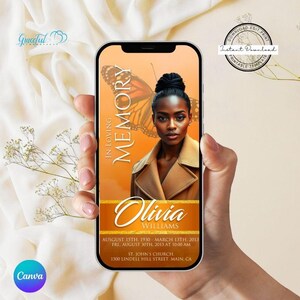 May include: A smartphone displays a memorial design with the text "In Loving Memory" and "Olivia Williams." The design features a portrait of a woman, a butterfly, and dates. The design is set against an orange background.