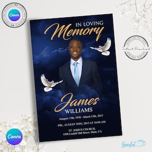 Dark Blue Funeral Program Template, 4-Page Obituary Brochure, Canva Printable Memorial Booklet, Bifold 8.5x11&quot; Celebration of Life - GR9P5E