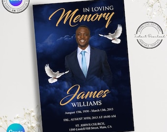 May include: A blue and gold funeral announcement template with a photo of a man in a suit. The text reads "In Loving Memory James Williams August 15th, 1930 - March 13th, 2013 FRI, AUGUST 30TH, 2013 AT 10:00 AM ST. JOHN'S CHURCH, 1500 Lindell Hill Street, Main, CA".