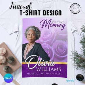 Mall för begravnings-t-shirt med Violet Roses-manus | T-shirt med motiv från Loving Memory | Redigerbar Canvas-t-shirt med hyllning
